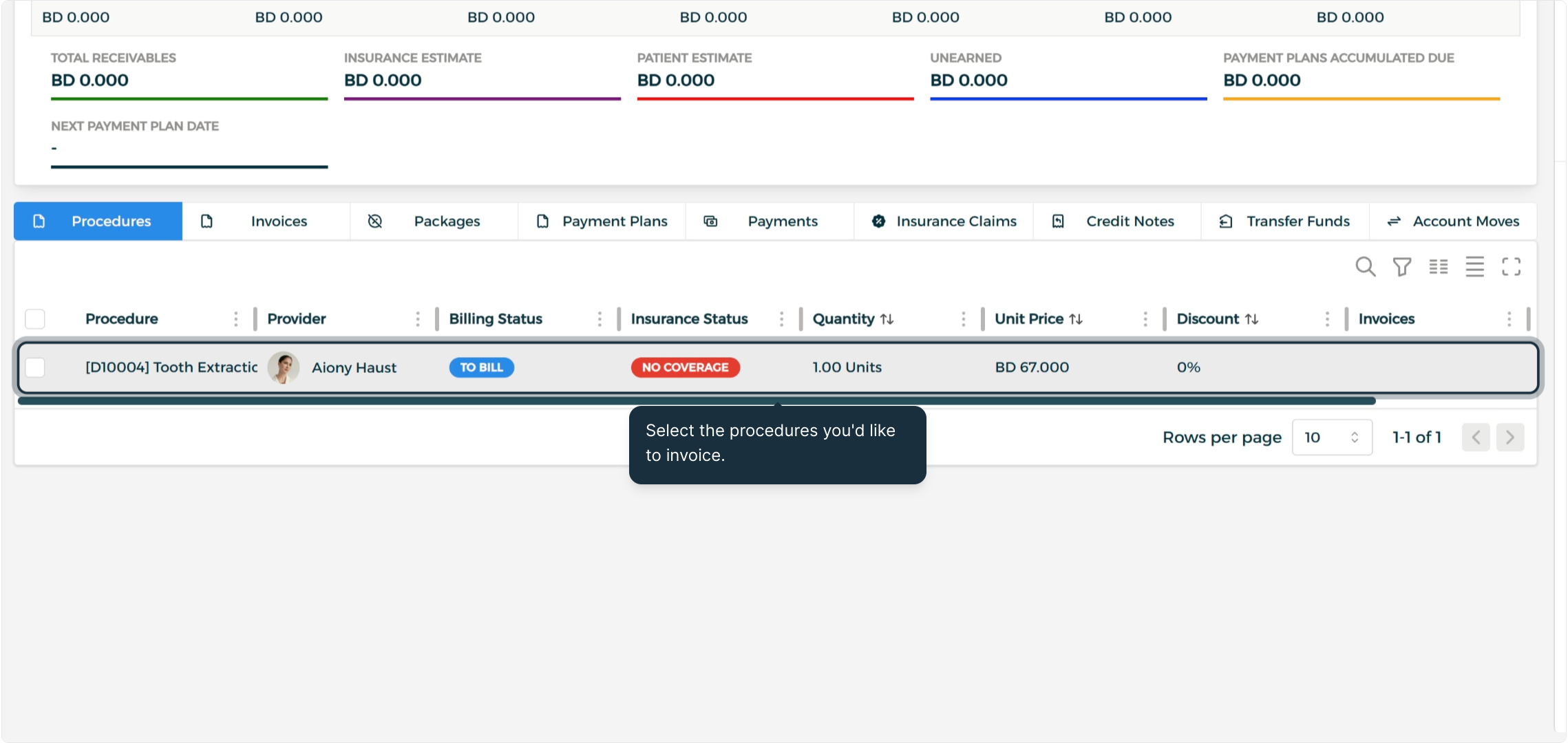 Step 2 - Select Procedures and Create Draft Invoice